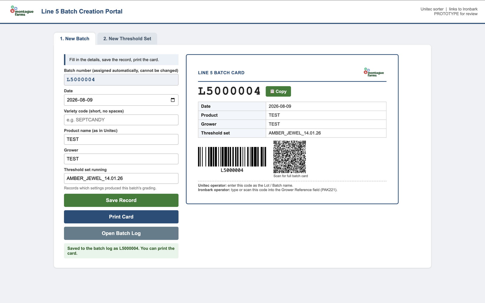 Line 5 batch creation portal showing an auto-assigned batch number, printable batch card, barcode and QR code.
