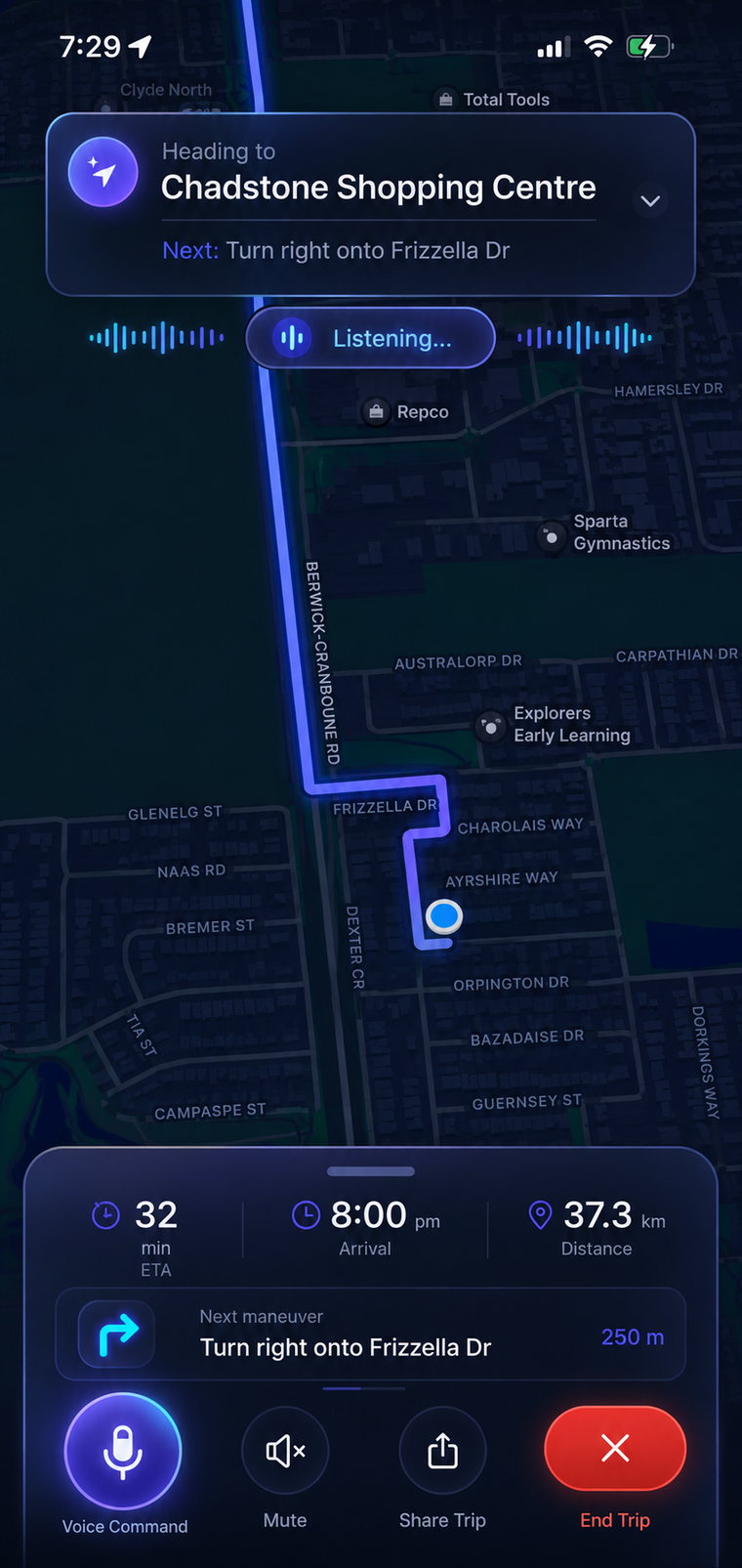 VOYA navigation screen showing a route to Chadstone Shopping Centre, a listening voice indicator, ETA and the next turn instruction.
